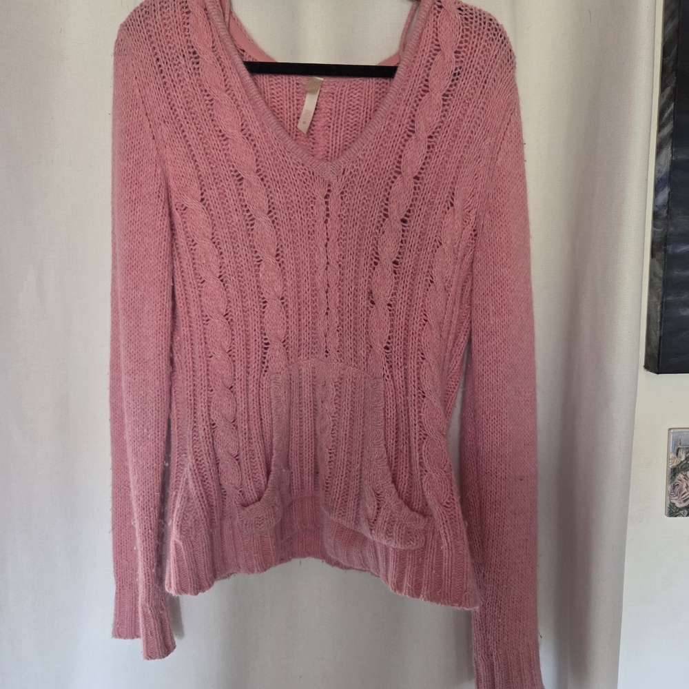 Lilu Pink V-Neck Cable Knit Sweater